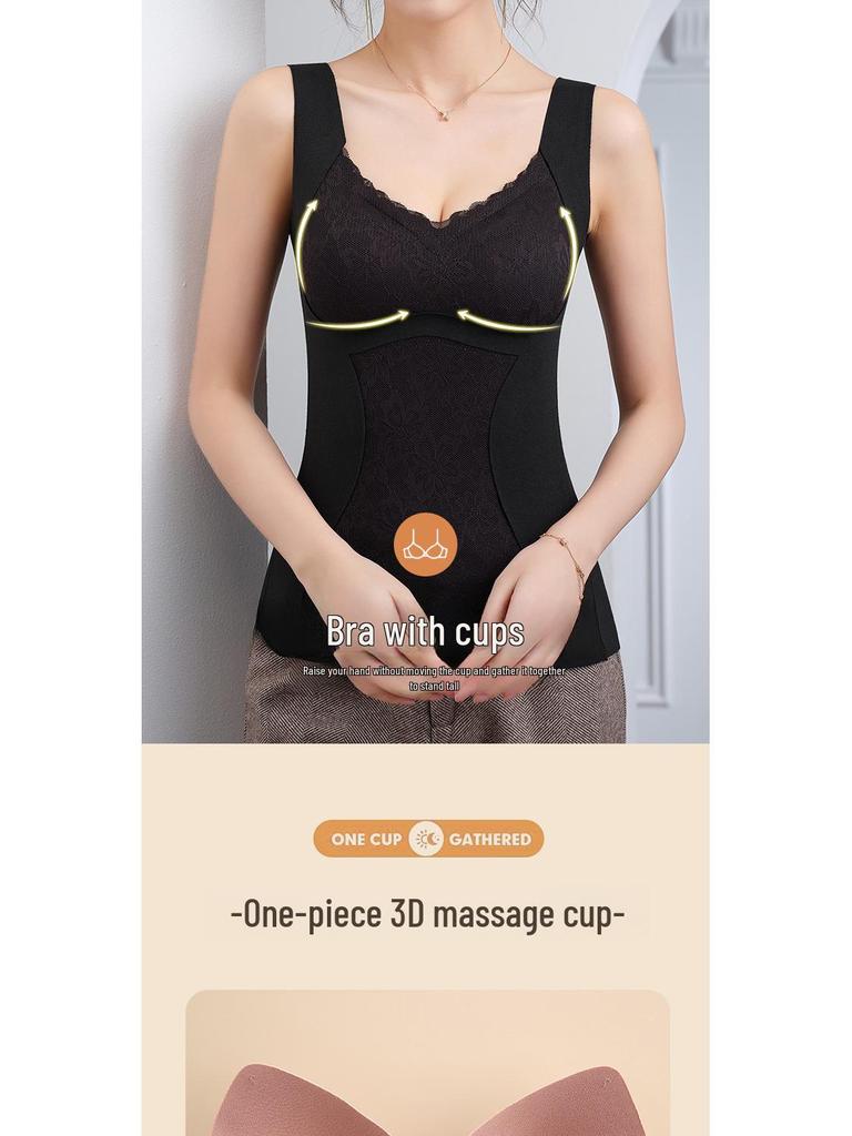 Ladies' Thermal Vest: Double-Sided Brushed Velvet, Seamless Lace, Chest Padding, Plus Size, Autumn/Winter Warmth