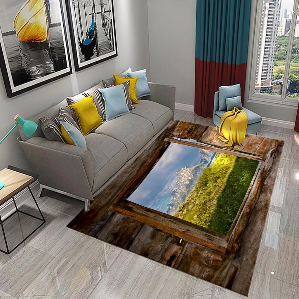 Tapete 3D Moderno Cenário de Janela Bela Vista Fora da Janela Tapetes Cozinha Banheiro Tapete Antiderrapante Sala de Estar Quarto Decoração Tapetes