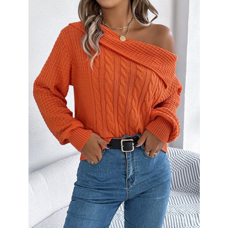 Autumn and Winter Women's Casual Sexy Lapel Strapless Twist Long Sleeve Pullover Sweater