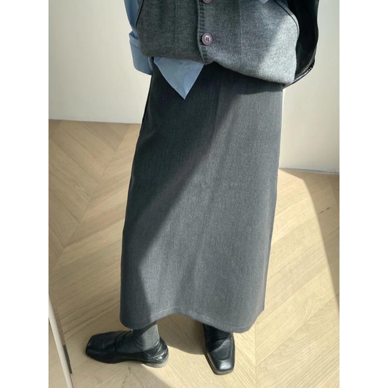 With Sweater Coat Skirts Autumn and Winter New Gray Back Slit Suit Skirt