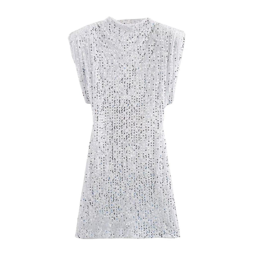 Y2K Winter Black Sequin Mini Dress with Shoulder Pads - Sleeveless Evening Wear