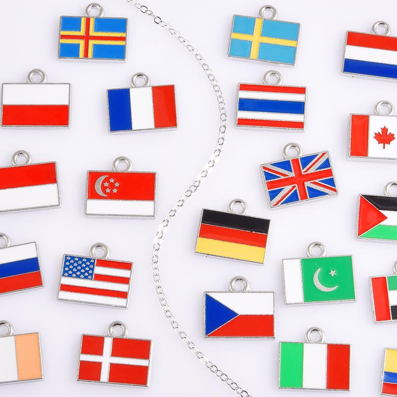5pcs/Lot Different Countries Flags Enamel Charms For Jewelry Making Supplies Rectangle Silver Color Pendants Handmade Materials