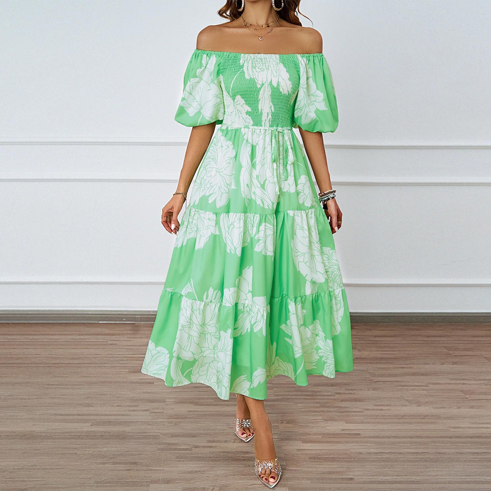 

Женское модное платье с квадратным вырезом и цветочным принтом, короткими рукавами и эффектом темперамента L зелёный