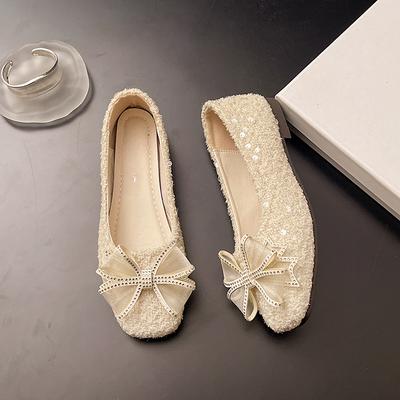 Stoff Ballerinas Sommer Neu Quadratische Spitze Flacher Ausschnitt Pailletten Spitze Schmetterlingsknoten Weiche Sohle Rutschfest Große Größe Niedrig Geschnittene Schuhe