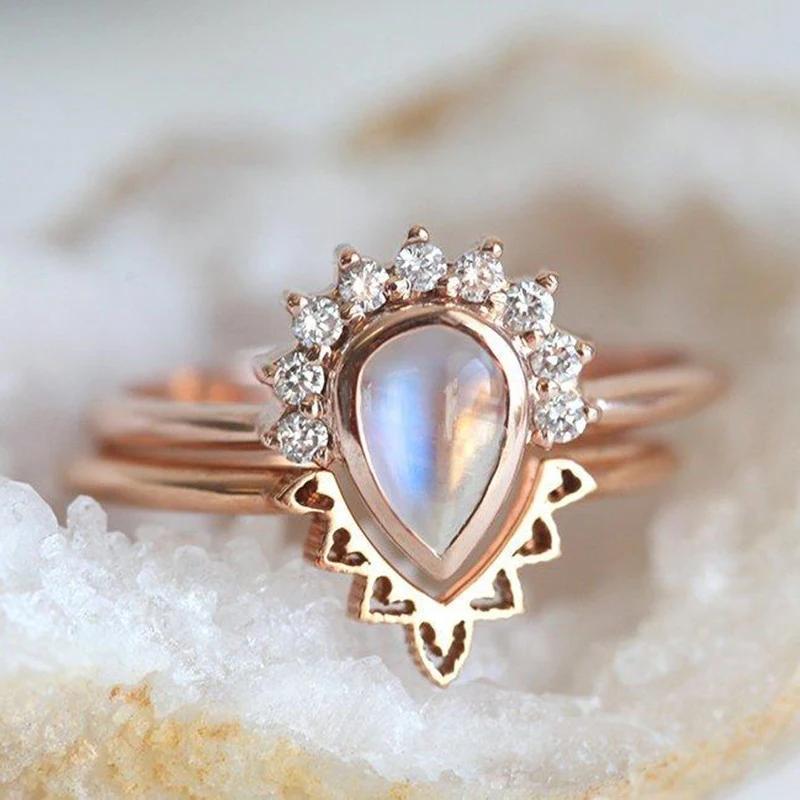 Xiaomi Huitan Elegant Women 2Pcs/Set Ring Imitation Moonstone Fancy Accessories Inlaid Shiny CZ for Party Daily Wedding Trendy Jewelry