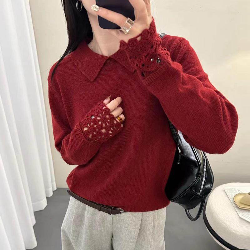 Women's French High-End Crochet Polo Collar Knitwear: Stylish Hollow-Out Lapel Sweater