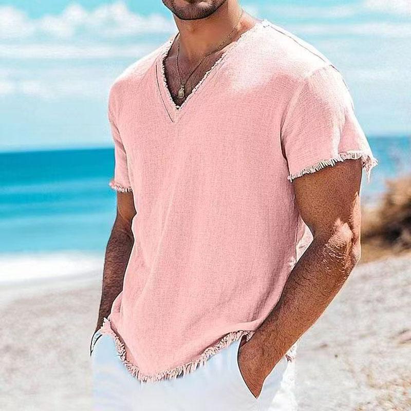 Seaside Beach Casual Men's Linen T Shirts Summer Fashion Solid Color Breathable T-shirt Mens Outdoor Vintage V Neck Ripped Tops