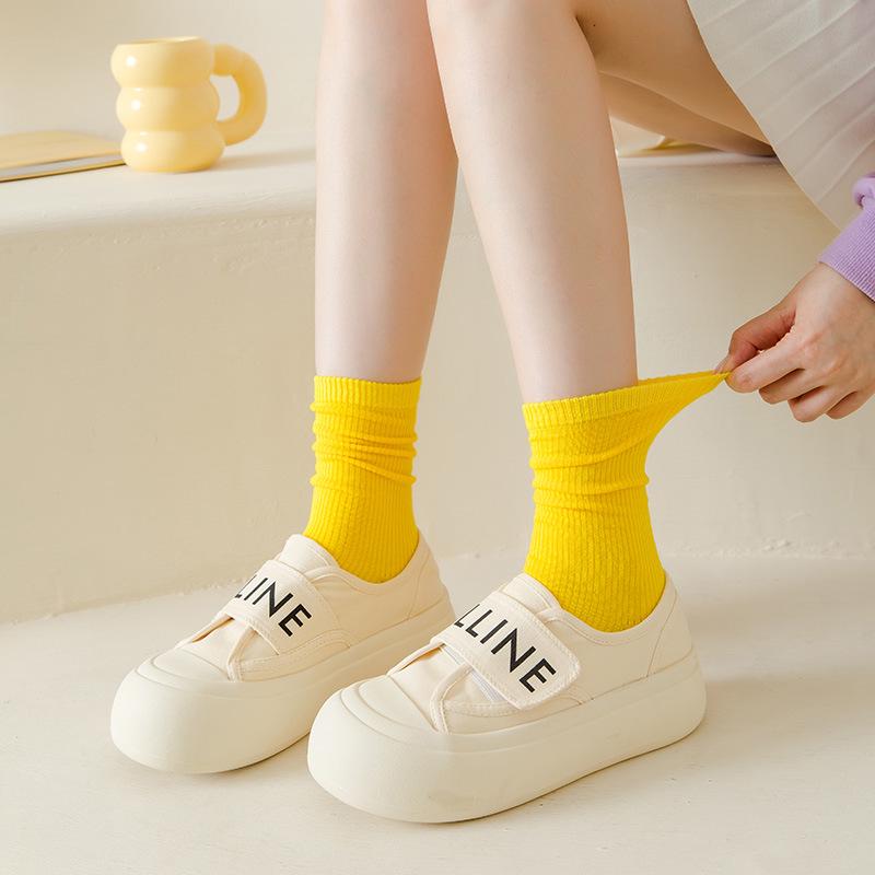 Women's Versatile Ribbed Slouch Socks - Japanese Style, Solid Color, Polyester Cotton Blend, Vertical Striped, Long Length