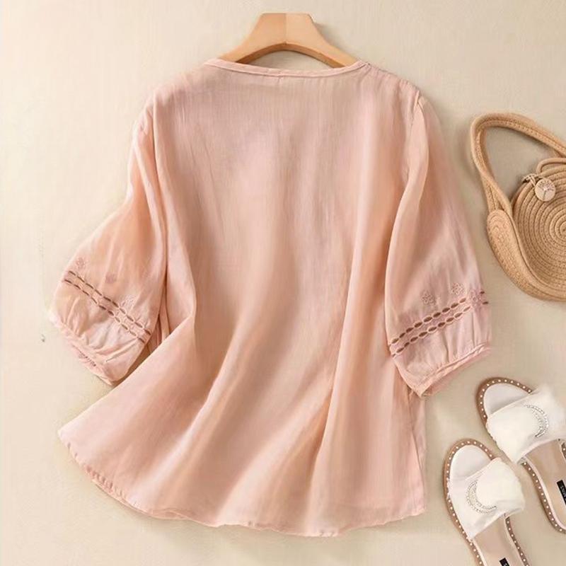 Summer Literary Vintage Embroidery Hollow Out Shirt Ladies Loose Casual Fashion Pullover Top Women Solid Color Blouse Femm