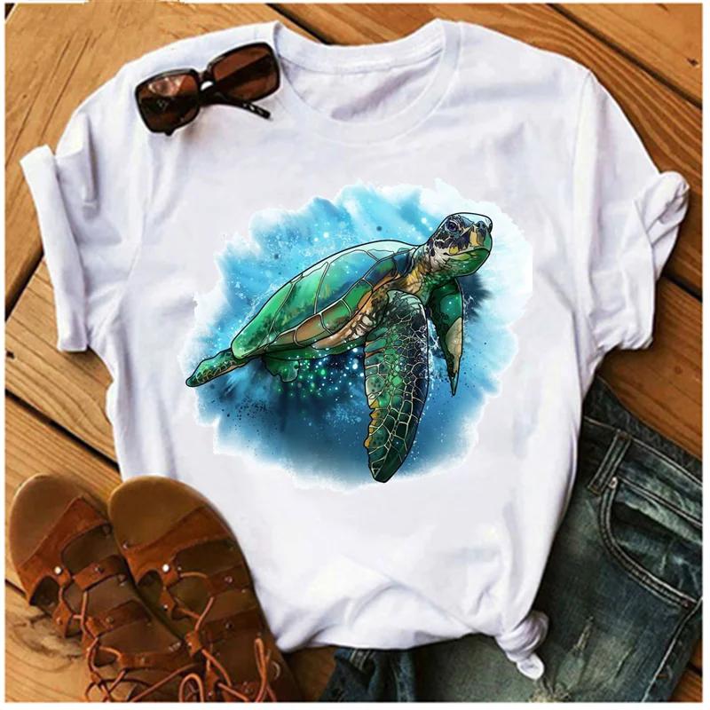 Women's Turtle Print T-shirt, Short Sleeve Harajuku Cartoon T-shirt, Summer 2026 Round Neck Street Style T-shirt, Y2K Clothing