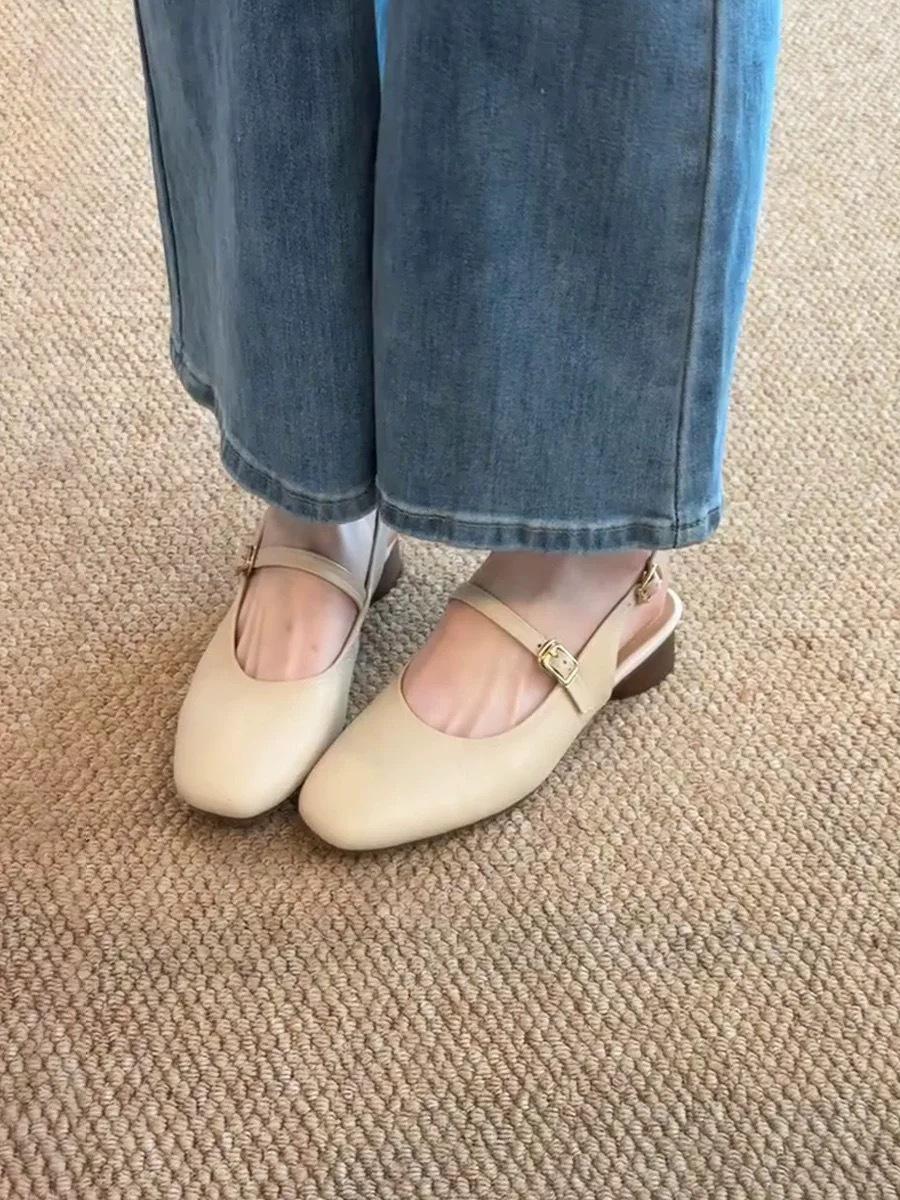 

Super soft lambskin~ Baotou sandals women s summer with skirt retro word with thick heel Mary Jane single shoes 40