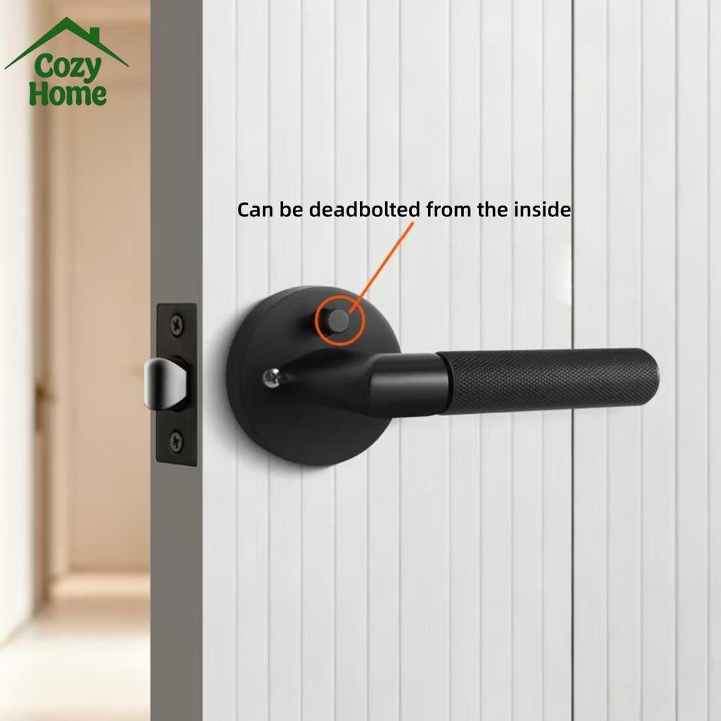 Modern Entry Door Lock Handle Set Zinc Alloy Room Interior Knurled Door Lock Levers Matte Black Bedroom Door Handle
