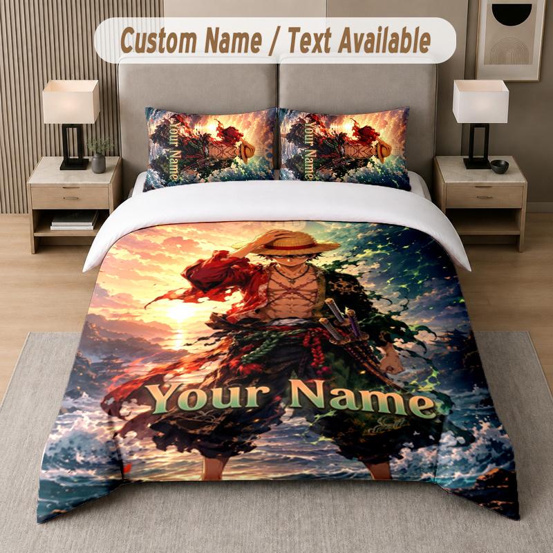 Custom Name One Piece 3Pcs Duvet Cover Set Personalized Text Bedding Pillowcases Bedroom