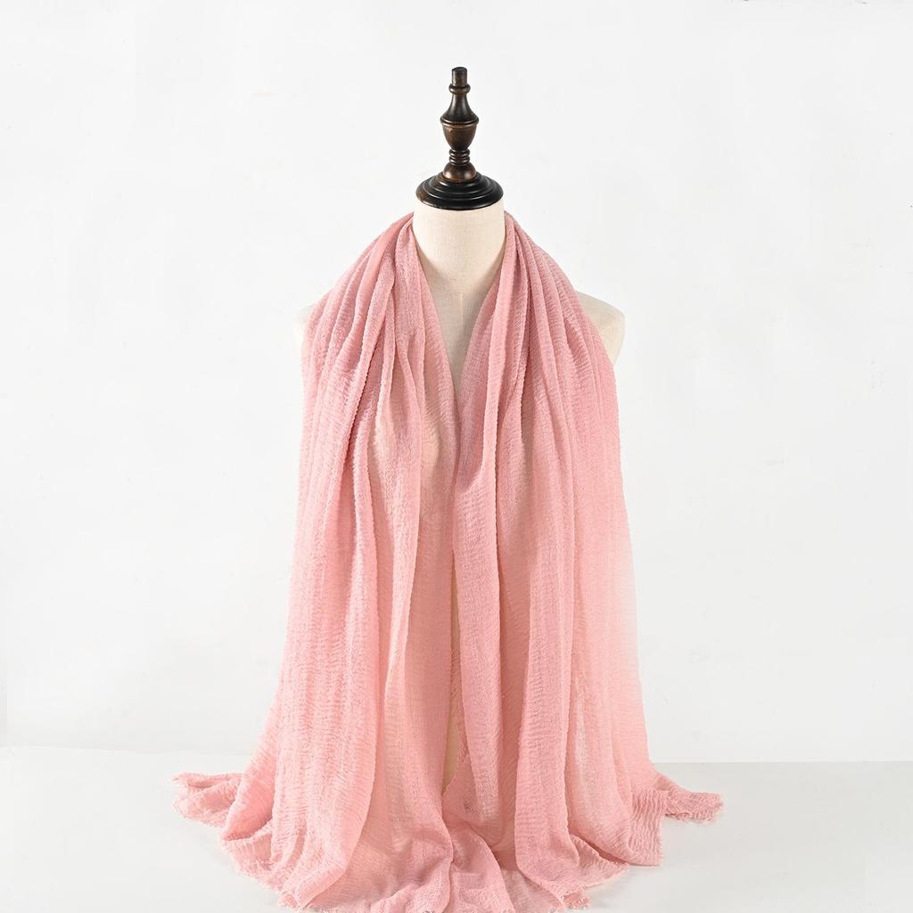 Crinkled Cotton-Linen Blend Scarf with Fringe - Solid Color, 90x180cm, Women's Headscarf