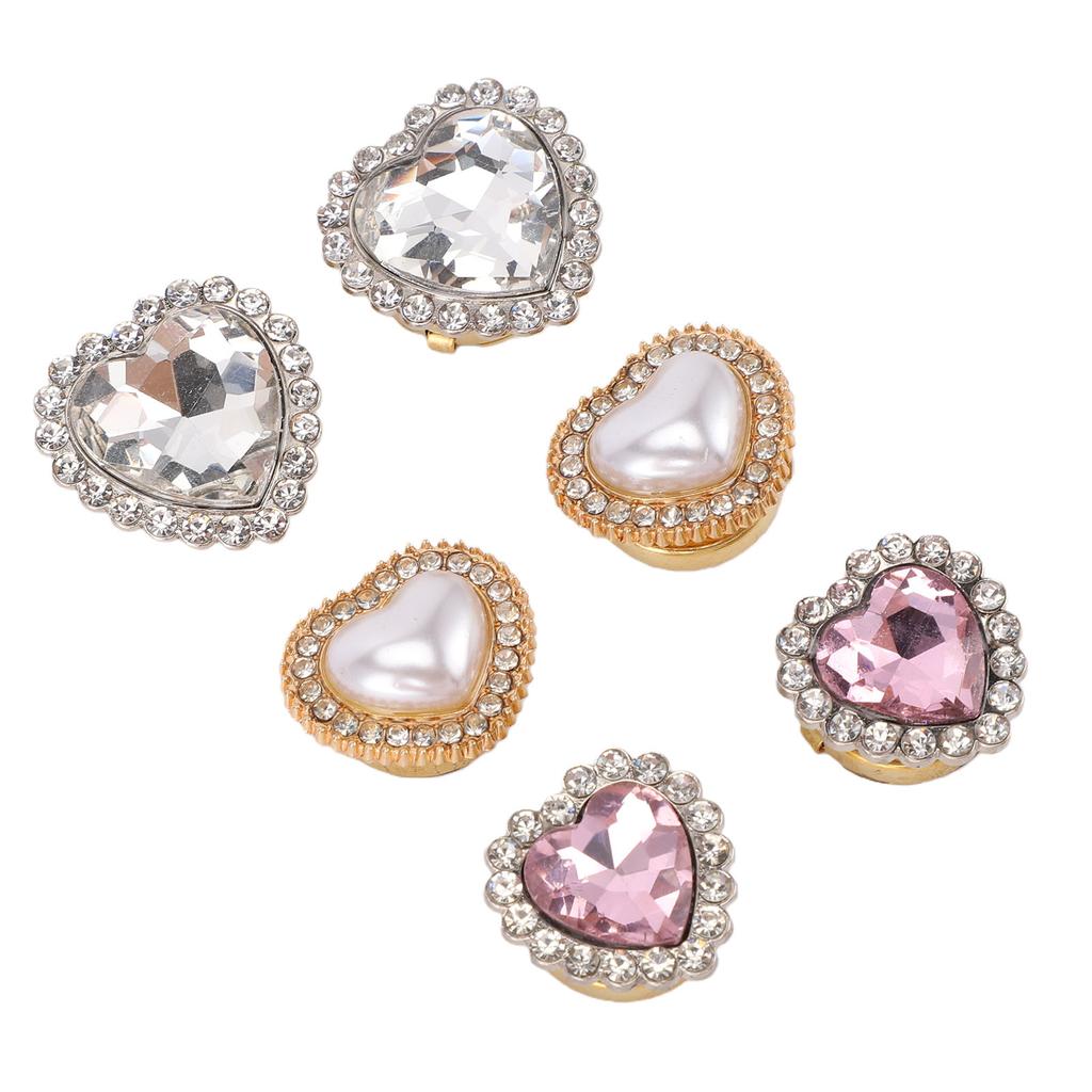 6Pcs Heart Rhinestone Button Covers Crystal Detachable Button Clips Decorative Clips Cufflink for Clothing