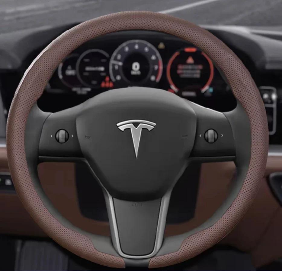 Lämplig för Teslas nya Model Y/Model 3 helårs ultratunn nappa läder rattöverdrag