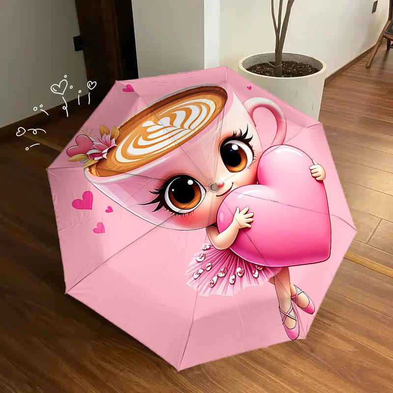 1pc Cappuccino Heart Themed Umbrella, 8 Rib Frame,Automatic Opening 3 Fold Umbrella, Lightweight and Durable Couple Umbrella-110