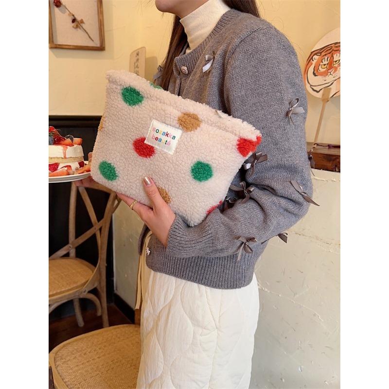 Wind Winter Plush Cosmetic Bag Color Polka Dots Large Capacity Travel Skin Care Cosmetics Storage Bag Women