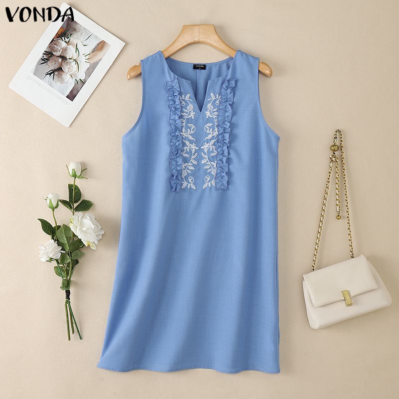 VONDA Summer Women O Neck Sleeveless Embroidery Casual Long Ruffled Tank Dress