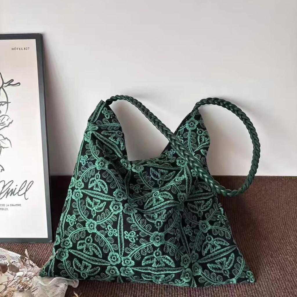 Green Embroidered Shoulder Bag Large Capacity Floral Pattern Casual Tote Bag for Women Daily Shopping Travel Commute Soft Fabric