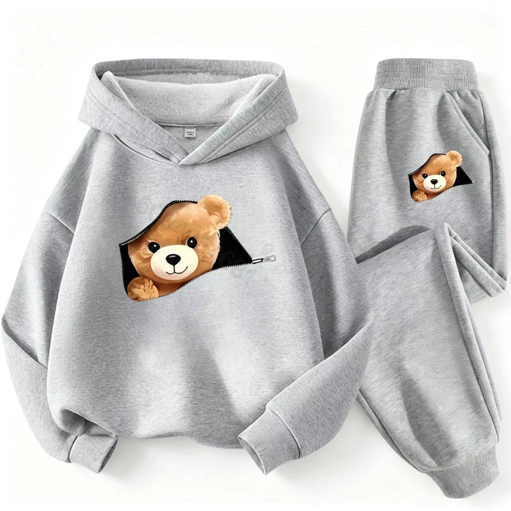 Autumn/Winter Children's Casual Sports Pants Set - Boys' and Girls' Fun Cartoon Bear Printed Long-Sleeved Fleece Sweater