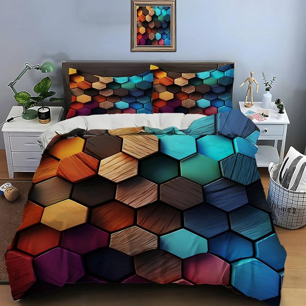 3D Honeycomb Square Gradient Color Print Bedding Set Duvet Cover 1 Duvet Cover 2 Pillowcases Adult and Boys Bedding Set Luxury