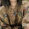 Damen Vintage Print Blumenhemden Stehkragen Langarm Locker Herbst Chinesischer Stil Weiche Damenblusen