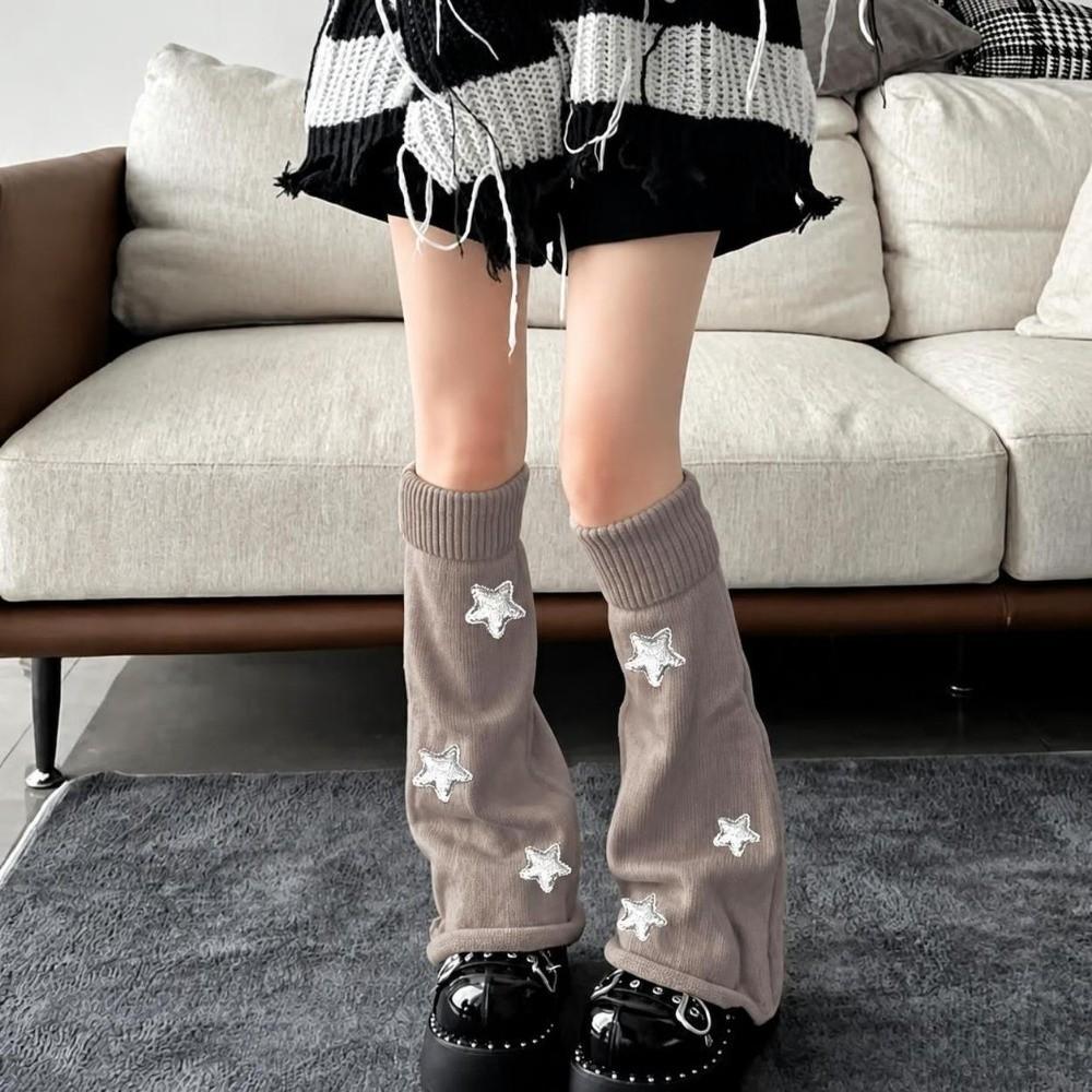 Star Decoration Knit Long Socks Striped Leg Warmers Vintage Boot Cuffs For Women