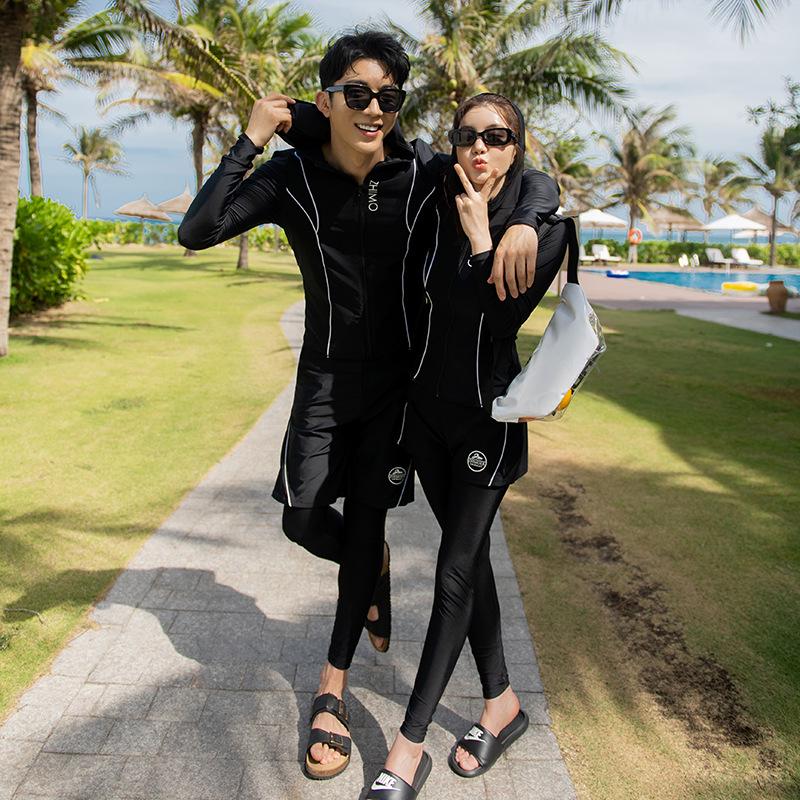 Couple's Long Sleeve Split Hoodie Swimsuit: Women's Sun Protection Surf Suit & Men's Beach Swimwear
