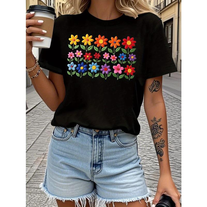 

European sizes Women s Colorful Embroidered Floral Geometric PatternT-Shirt - Comfort Fit Short Sleeve Casual Top 4XL