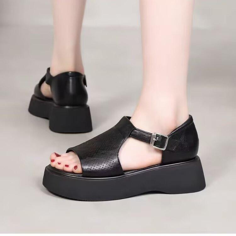 Sandals Women Size 40 M Women's Summer Fashion Thick Bottom Open Toe Leather Sandals Slippers Solid Tan Wedge Sandals for Women