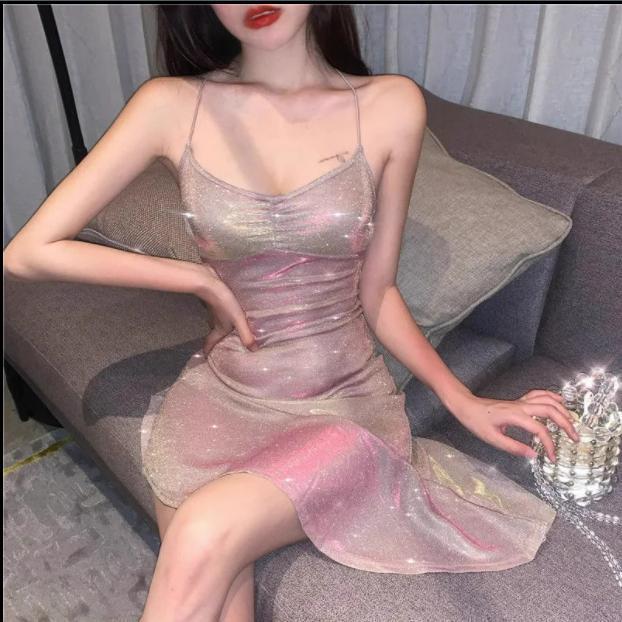 Autumn and Summer New Sexy Pink Suspender Dress, Beautiful Back Shiny Irregular Ruffle Skirt Women's Clothing