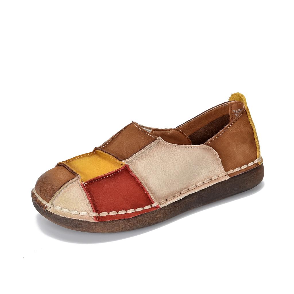 Johnature Retro Genuine Leather Mixed Colors Soft Soled Slip-on Shoes Versatile Round Toe Flat Shoes