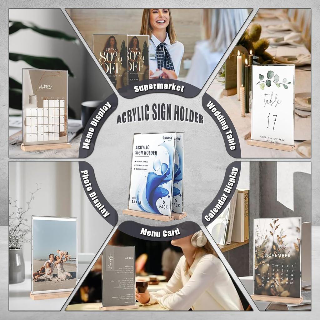 Acrylic Sign Holder 5.5x8.5 with Wood Base, Clear T shape Table Display Stands for Office, House, Store, Restaurants, and Event use, Double side