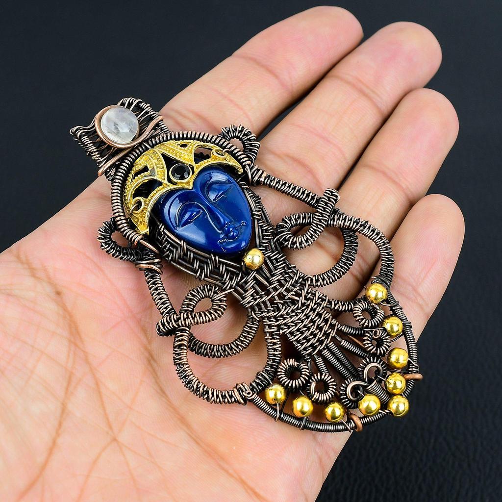 Carved Blue Face & Moonstone Jewelry, 999 Copper Wire Wrapped Pendant Handmade Gemstone Jewelry, Gifts For Wife Brand New Pendant