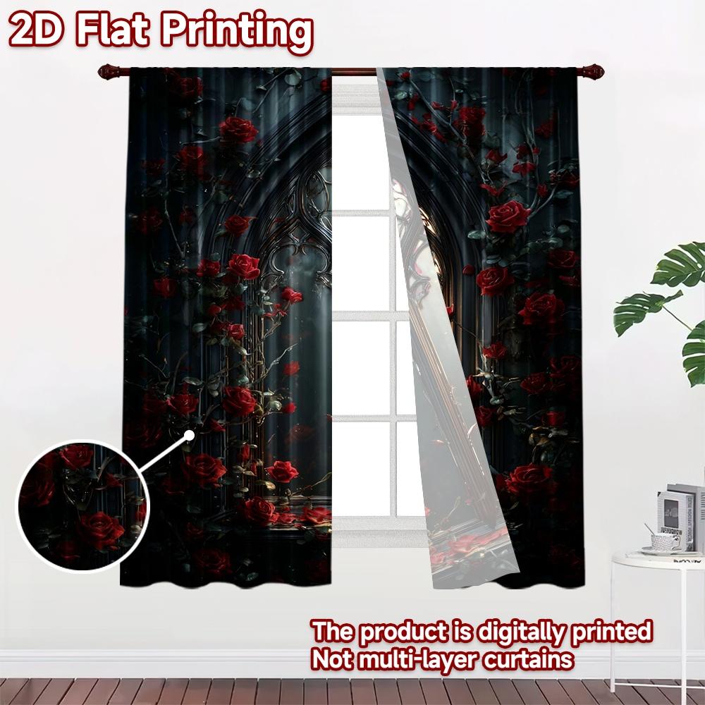2D flat printing 2pcs Curtain Drapes Gothic Window with Roses Digital Printed Polyester Drapes Festive Holiday for Holiday Party