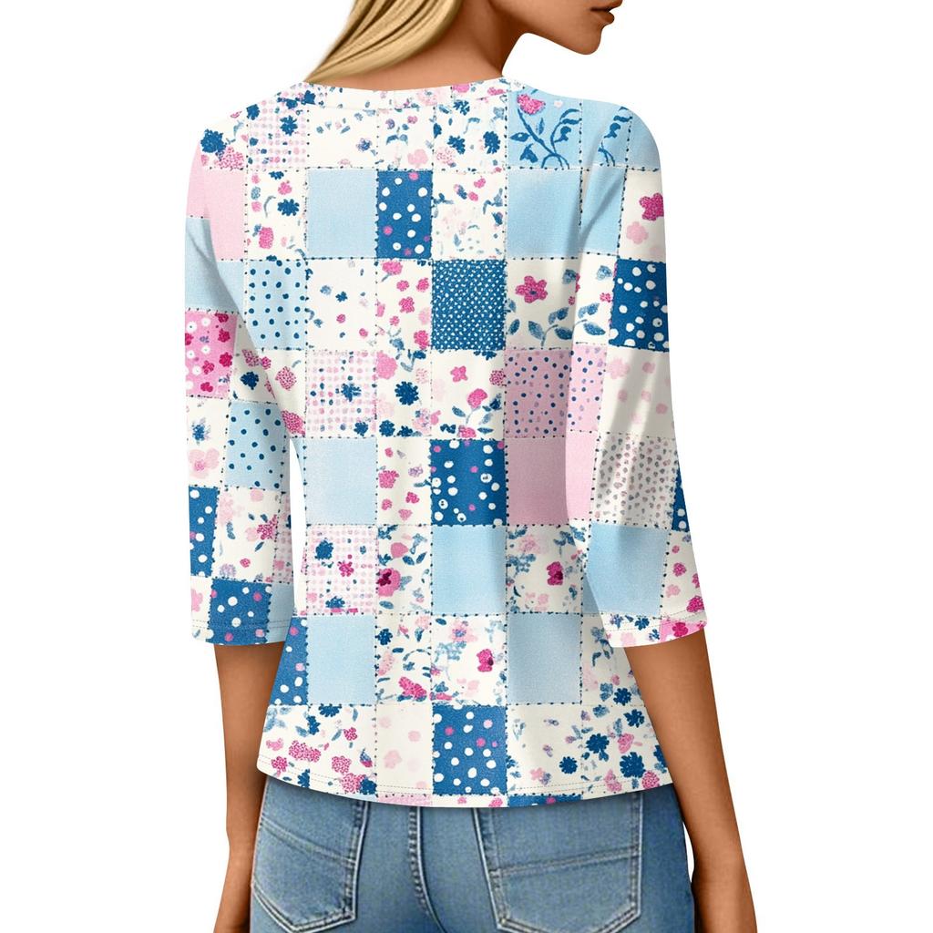 Women's Fashion Casual Three-quarter Sleeve Vintage Floral Print Round Neck Top