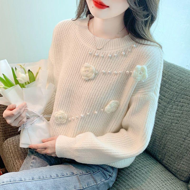WTEMPO Women's Long Sleeve Round Neck Sweater Fashion Flower Knitwear Girl Soft Comfortable Knitting Tops Sweaters