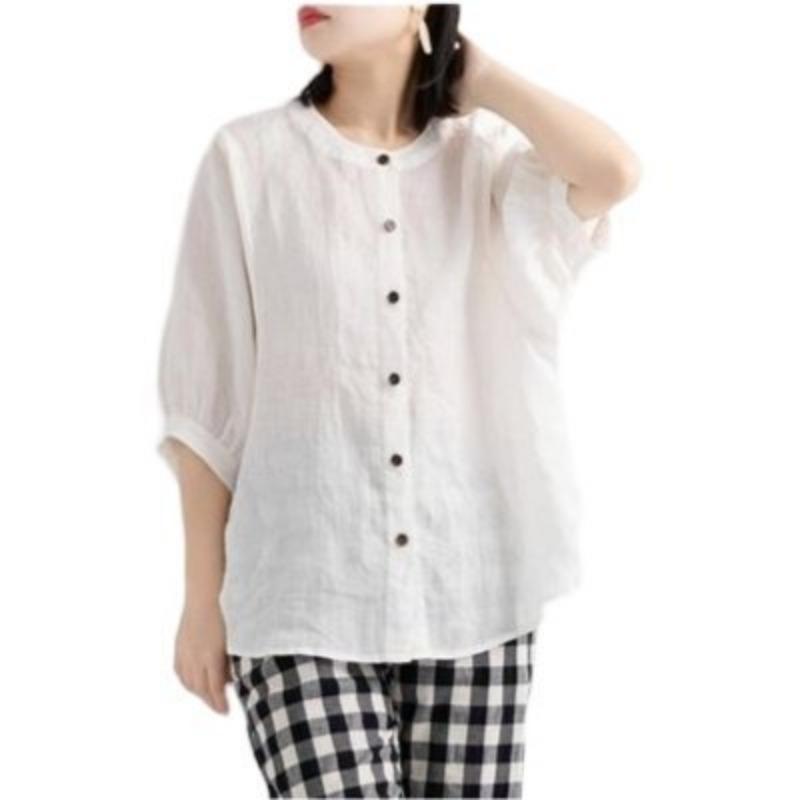 Women Plus Size Loose Stand Collar Lantern Sleeve Short Sleeve Casual Shirt M