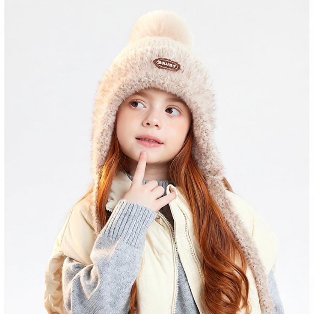 Kids Winter Knitted Earflap Hat with Pom Pom, Plush Lining and Long Ties, Warm Windproof Polyester Cap for Ages 4–10Years