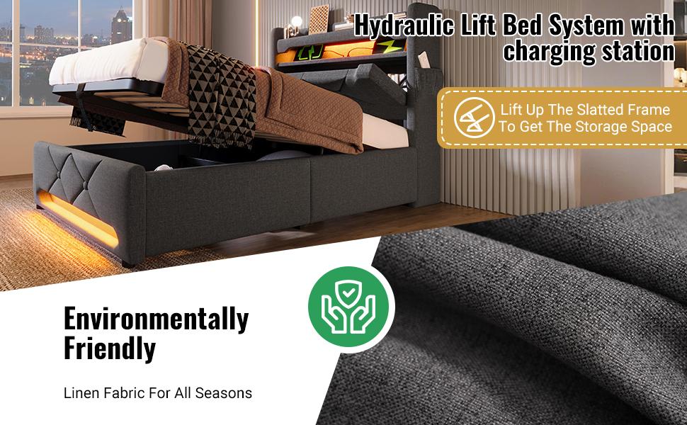 Upholstered Bed 140*190, Storage Headboard, USB Type C Port, 360 Surround LED Around Head and Foot End, Hydraulic Storage, Grey, Linen(No Mattress)