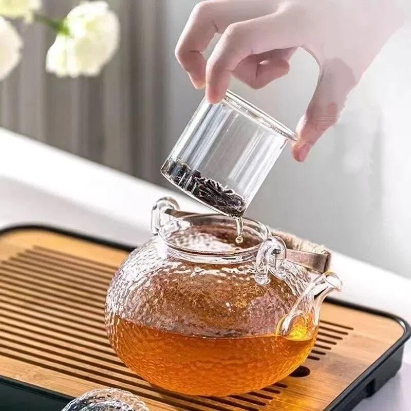 Handgefertigte Teekanne aus hitzebeständigem Glas im chinesischen Stil mit Pflaumenblütendesign – Hitzebeständiger Blumen-Teekessel mit Henkel