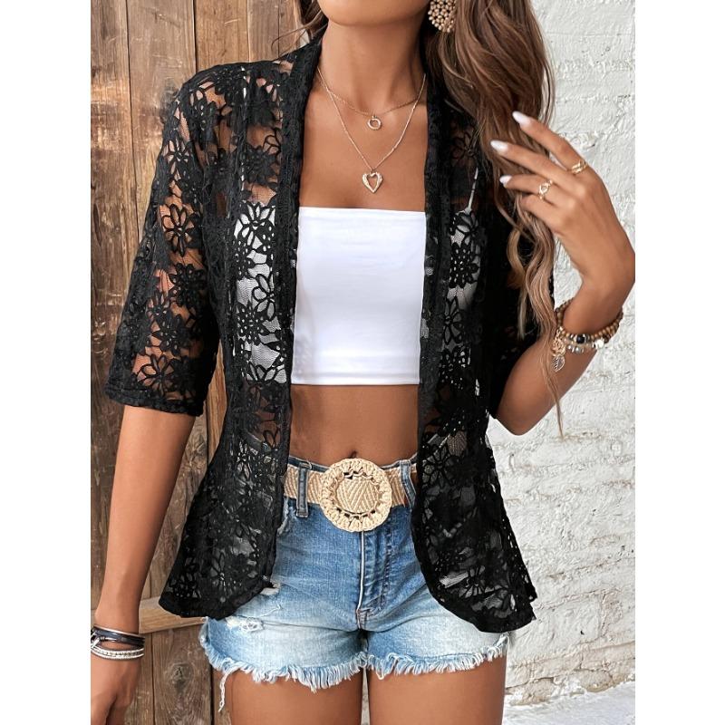 Elegant Women's Open Collar Contrast Lace Jacket - Lightweight Semi-Sheer Black & White Lace Panels, Spring Summer Fall Casual Chic Outerwear,