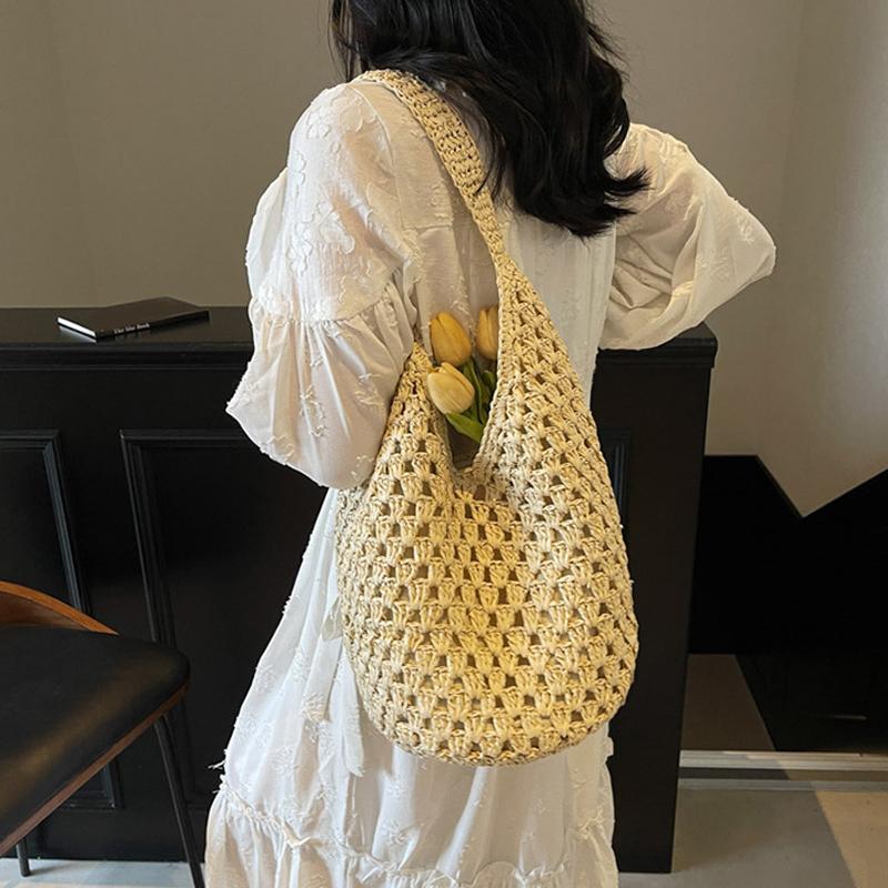 Women Knitting Shoulder Bag Hollow Out Beach Bag Large Capacity Aesthetic Tote Handbag Ladies Daily Handbag CLE