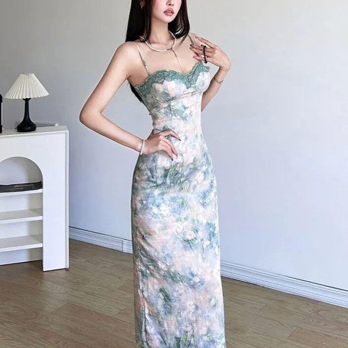 French gentle lace floral suspender skirt suspender summer new dress temperament thin waist dress