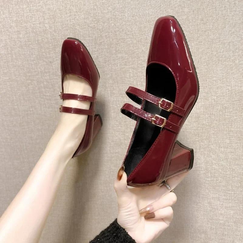 Fashion 2025 Spring Autumn Women Double Buckle Pumps Shoes Leather Square Head Square Heel Solid Color Women's Shoes Heeled Loafers