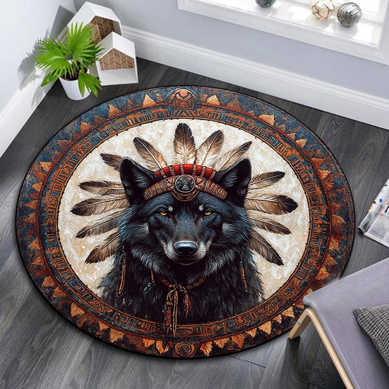 Wolf Chief Round Area Rug,Carpet Rug for Living Room Bedroom Sofa Playroom Decor,Non-slip Floor Mat