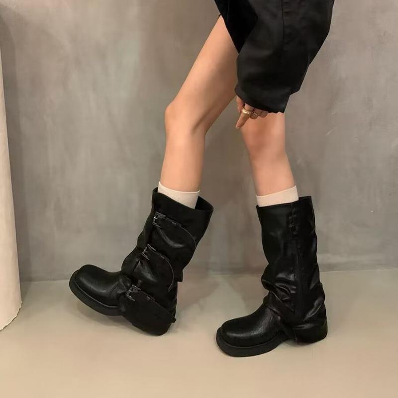 Niche retro thick heel mid-height boots knight boots martin boots early autumn western cowboy pile boots women's boots