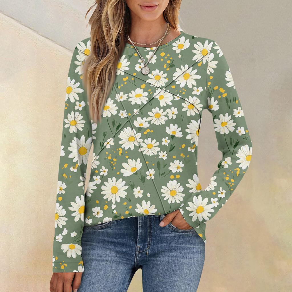 Mode Dam Långärmad Rundhals Casual Plisserad Blommig Lös Topp