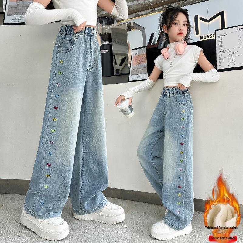 

Girls Winter 2025 Bow Embroidery Straight-Leg Fleece-Lined Jeans 120 cm синий